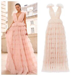 Sau Lee Sabrina Plunge Neck Tiered Tulle Gown in Nude Pink
